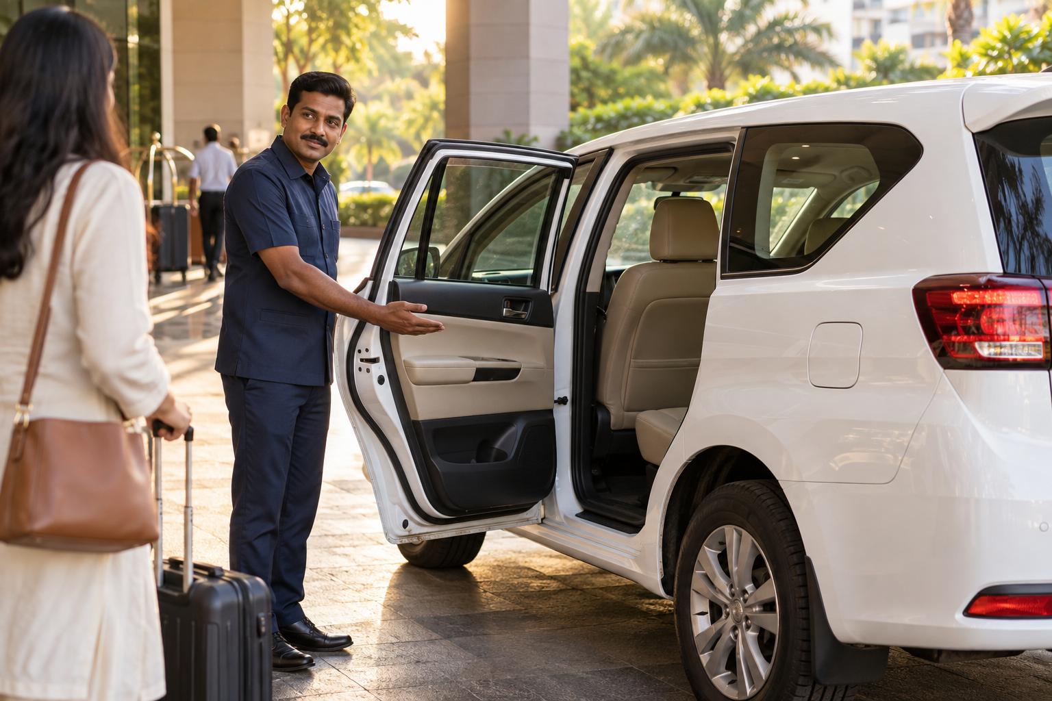 A professional chauffeur welcoming a passenger to a clean premium cab